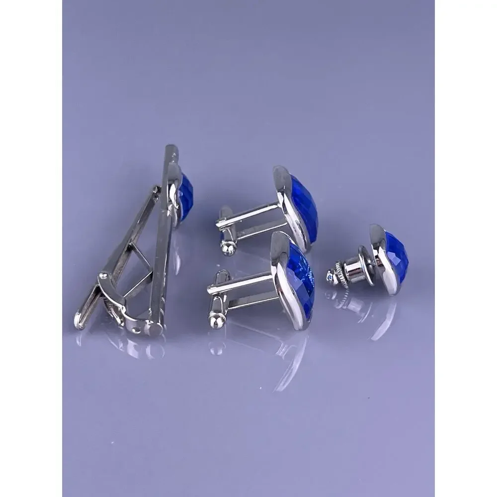 Square Blue Cut Rhinestone Cufflinks Tie Clip Pin Silver Tone Formal Vintage
